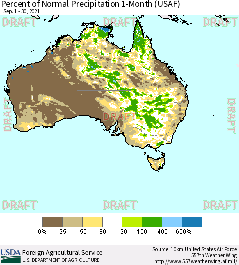 Australia Percent of Normal Precipitation 1-Month (USAF) Thematic Map For 9/1/2021 - 9/30/2021