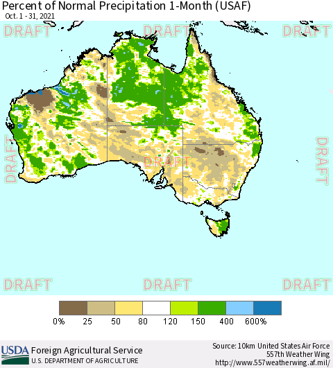Australia Percent of Normal Precipitation 1-Month (USAF) Thematic Map For 10/1/2021 - 10/31/2021