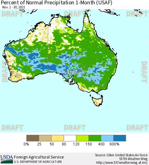 Australia Percent of Normal Precipitation 1-Month (USAF) Thematic Map For 11/1/2021 - 11/30/2021