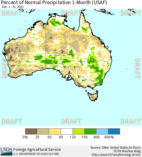 Australia Percent of Normal Precipitation 1-Month (USAF) Thematic Map For 12/1/2021 - 12/31/2021