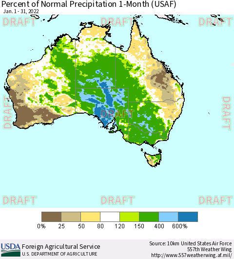 Australia Percent of Normal Precipitation 1-Month (USAF) Thematic Map For 1/1/2022 - 1/31/2022
