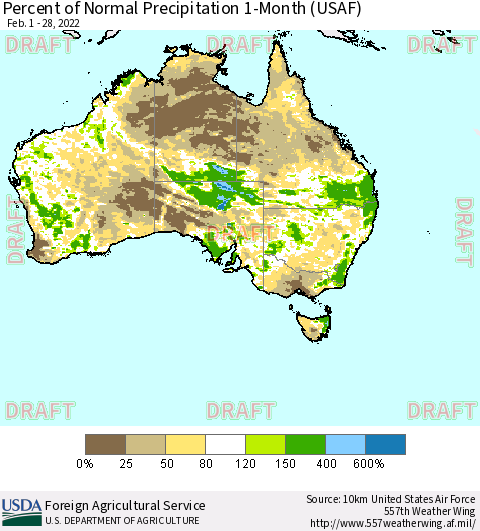 Australia Percent of Normal Precipitation 1-Month (USAF) Thematic Map For 2/1/2022 - 2/28/2022
