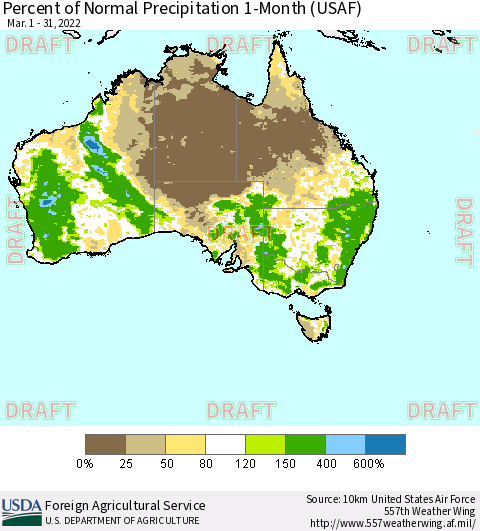 Australia Percent of Normal Precipitation 1-Month (USAF) Thematic Map For 3/1/2022 - 3/31/2022