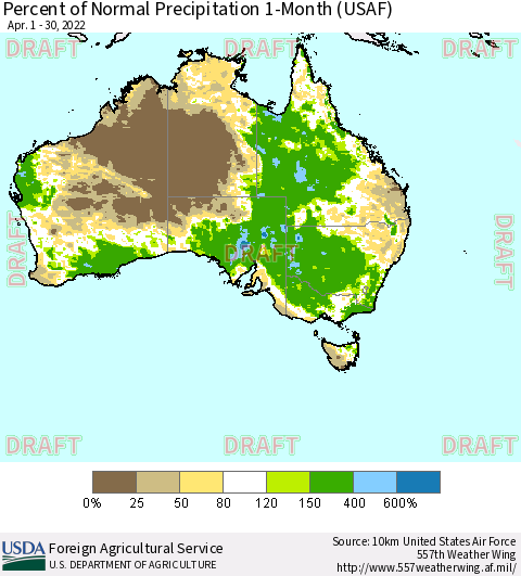 Australia Percent of Normal Precipitation 1-Month (USAF) Thematic Map For 4/1/2022 - 4/30/2022