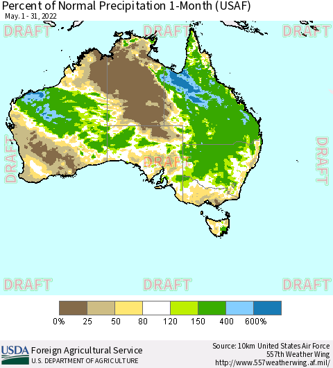 Australia Percent of Normal Precipitation 1-Month (USAF) Thematic Map For 5/1/2022 - 5/31/2022