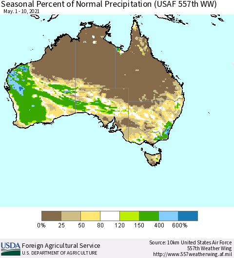 Australia Seasonal Percent of Normal Precipitation (USAF 557th WW) Thematic Map For 5/1/2021 - 5/10/2021