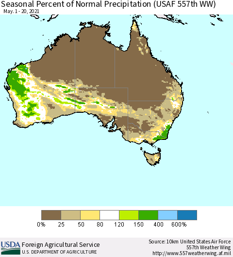 Australia Seasonal Percent of Normal Precipitation (USAF 557th WW) Thematic Map For 5/1/2021 - 5/20/2021