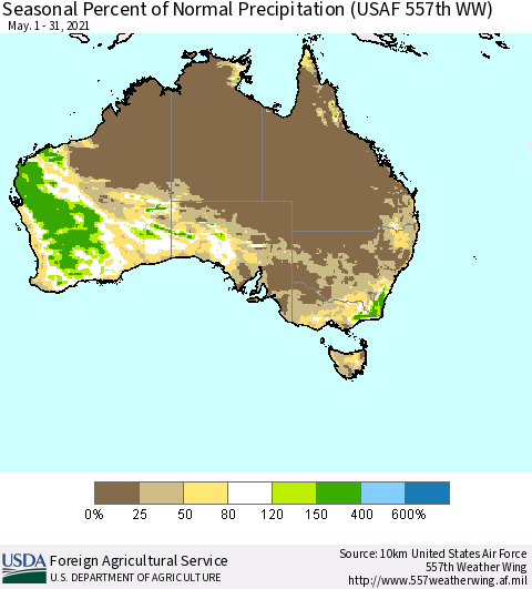 Australia Seasonal Percent of Normal Precipitation (USAF 557th WW) Thematic Map For 5/1/2021 - 5/31/2021