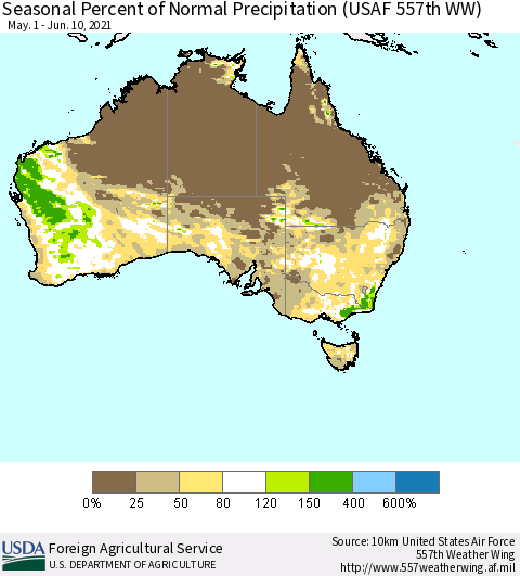 Australia Seasonal Percent of Normal Precipitation (USAF 557th WW) Thematic Map For 5/1/2021 - 6/10/2021