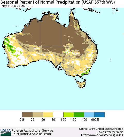 Australia Seasonal Percent of Normal Precipitation (USAF 557th WW) Thematic Map For 5/1/2021 - 6/20/2021