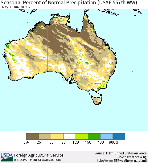 Australia Seasonal Percent of Normal Precipitation (USAF 557th WW) Thematic Map For 5/1/2021 - 6/30/2021