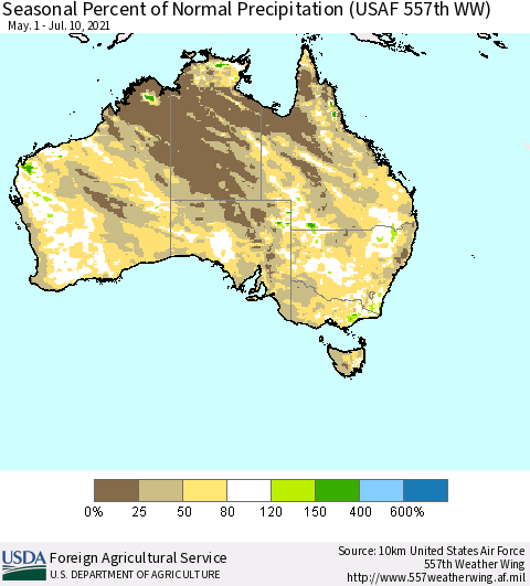 Australia Seasonal Percent of Normal Precipitation (USAF 557th WW) Thematic Map For 5/1/2021 - 7/10/2021