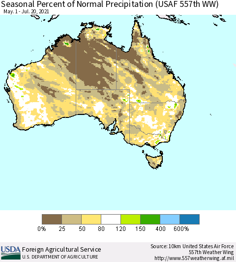 Australia Seasonal Percent of Normal Precipitation (USAF 557th WW) Thematic Map For 5/1/2021 - 7/20/2021