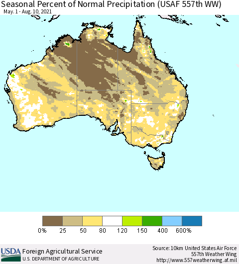 Australia Seasonal Percent of Normal Precipitation (USAF 557th WW) Thematic Map For 5/1/2021 - 8/10/2021
