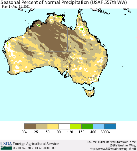 Australia Seasonal Percent of Normal Precipitation (USAF 557th WW) Thematic Map For 5/1/2021 - 8/31/2021
