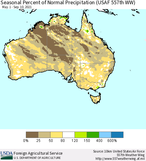 Australia Seasonal Percent of Normal Precipitation (USAF 557th WW) Thematic Map For 5/1/2021 - 9/10/2021