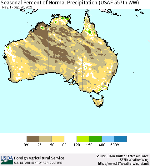 Australia Seasonal Percent of Normal Precipitation (USAF 557th WW) Thematic Map For 5/1/2021 - 9/20/2021