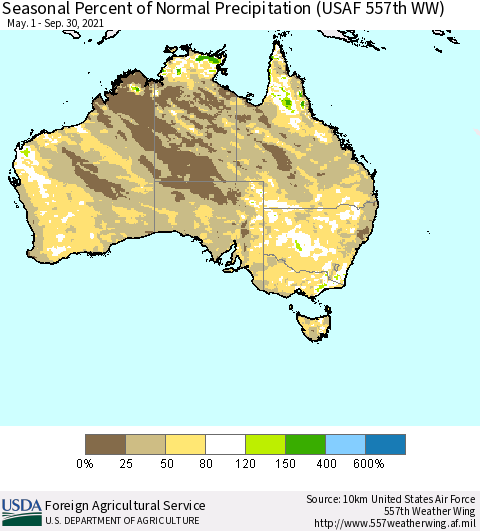 Australia Seasonal Percent of Normal Precipitation (USAF 557th WW) Thematic Map For 5/1/2021 - 9/30/2021