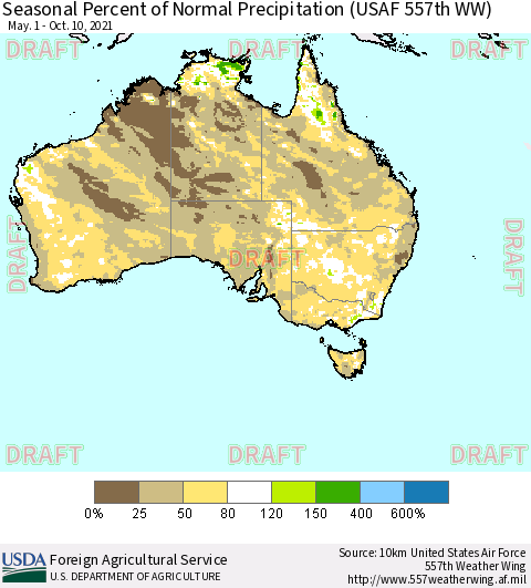 Australia Seasonal Percent of Normal Precipitation (USAF 557th WW) Thematic Map For 5/1/2021 - 10/10/2021