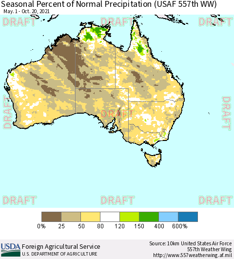 Australia Seasonal Percent of Normal Precipitation (USAF 557th WW) Thematic Map For 5/1/2021 - 10/20/2021