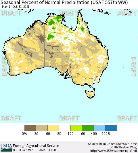 Australia Seasonal Percent of Normal Precipitation (USAF 557th WW) Thematic Map For 5/1/2021 - 10/31/2021