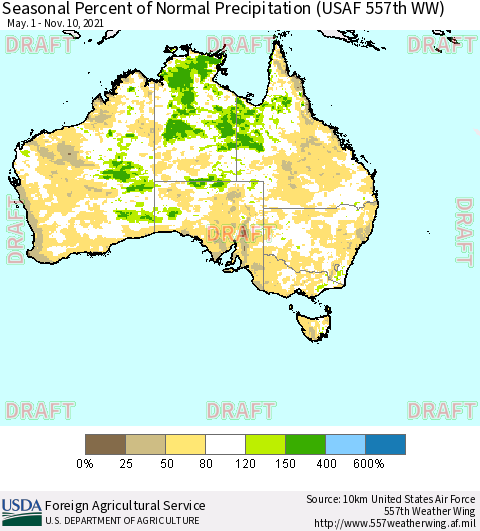 Australia Seasonal Percent of Normal Precipitation (USAF 557th WW) Thematic Map For 5/1/2021 - 11/10/2021