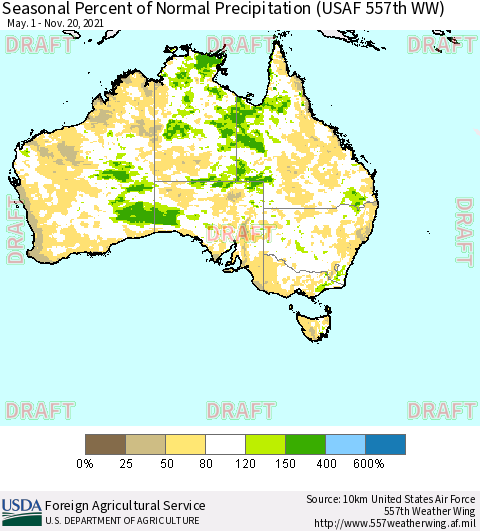 Australia Seasonal Percent of Normal Precipitation (USAF 557th WW) Thematic Map For 5/1/2021 - 11/20/2021