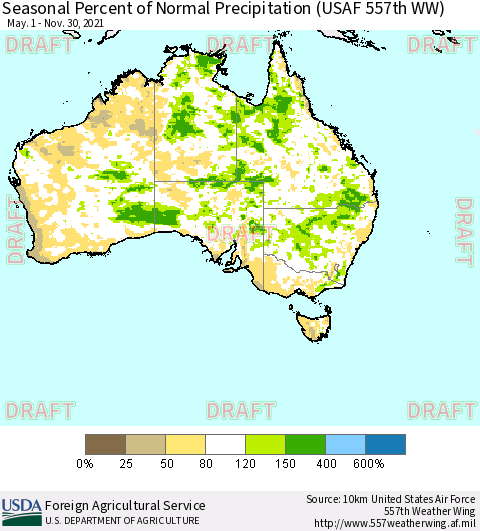Australia Seasonal Percent of Normal Precipitation (USAF 557th WW) Thematic Map For 5/1/2021 - 11/30/2021