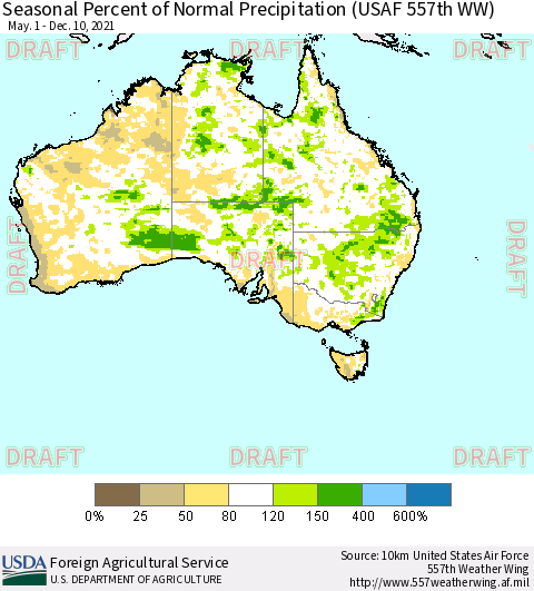 Australia Seasonal Percent of Normal Precipitation (USAF 557th WW) Thematic Map For 5/1/2021 - 12/10/2021