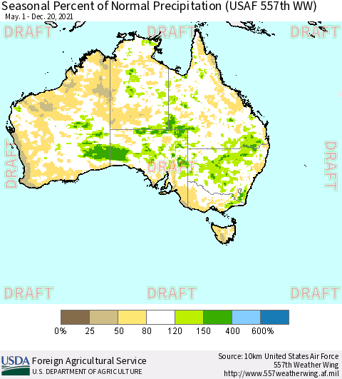 Australia Seasonal Percent of Normal Precipitation (USAF 557th WW) Thematic Map For 5/1/2021 - 12/20/2021
