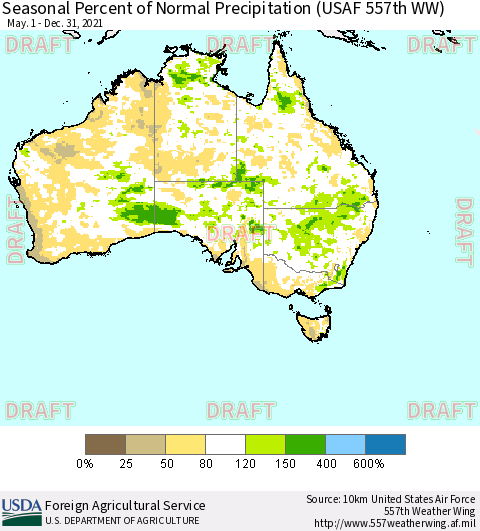 Australia Seasonal Percent of Normal Precipitation (USAF 557th WW) Thematic Map For 5/1/2021 - 12/31/2021