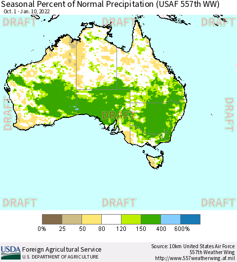 Australia Seasonal Percent of Normal Precipitation (USAF 557th WW) Thematic Map For 10/1/2021 - 1/10/2022