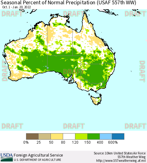 Australia Seasonal Percent of Normal Precipitation (USAF 557th WW) Thematic Map For 10/1/2021 - 1/20/2022