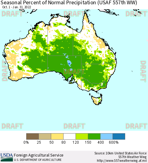 Australia Seasonal Percent of Normal Precipitation (USAF 557th WW) Thematic Map For 10/1/2021 - 1/31/2022