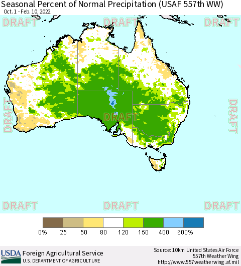 Australia Seasonal Percent of Normal Precipitation (USAF 557th WW) Thematic Map For 10/1/2021 - 2/10/2022