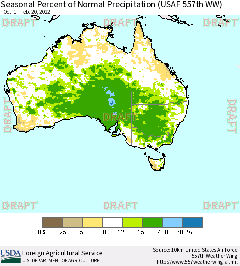 Australia Seasonal Percent of Normal Precipitation (USAF 557th WW) Thematic Map For 10/1/2021 - 2/20/2022