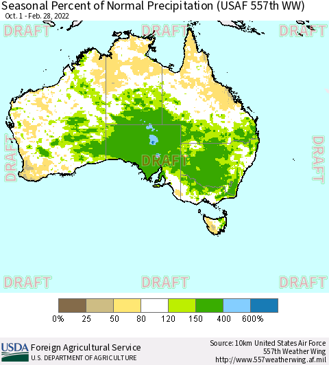 Australia Seasonal Percent of Normal Precipitation (USAF 557th WW) Thematic Map For 10/1/2021 - 2/28/2022