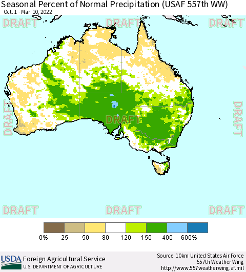 Australia Seasonal Percent of Normal Precipitation (USAF 557th WW) Thematic Map For 10/1/2021 - 3/10/2022