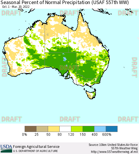 Australia Seasonal Percent of Normal Precipitation (USAF 557th WW) Thematic Map For 10/1/2021 - 3/20/2022