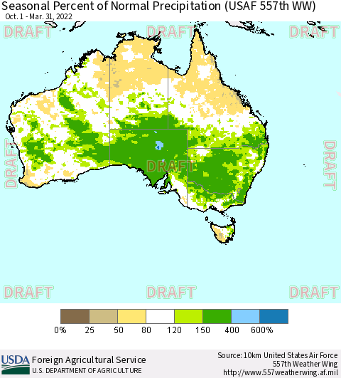 Australia Seasonal Percent of Normal Precipitation (USAF 557th WW) Thematic Map For 10/1/2021 - 3/31/2022