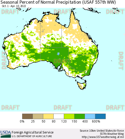 Australia Seasonal Percent of Normal Precipitation (USAF 557th WW) Thematic Map For 10/1/2021 - 4/10/2022
