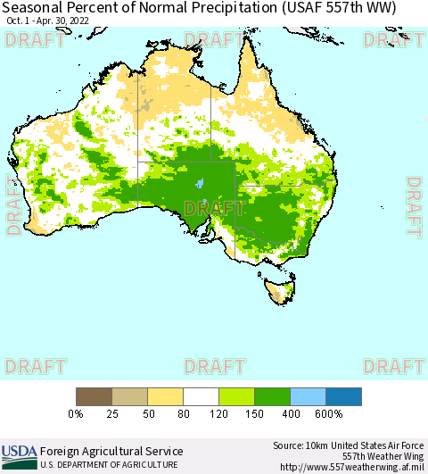 Australia Seasonal Percent of Normal Precipitation (USAF 557th WW) Thematic Map For 10/1/2021 - 4/30/2022
