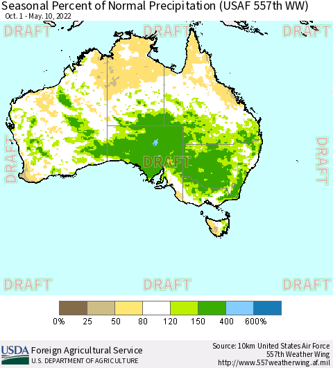 Australia Seasonal Percent of Normal Precipitation (USAF 557th WW) Thematic Map For 10/1/2021 - 5/10/2022