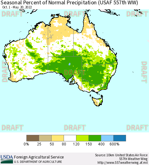 Australia Seasonal Percent of Normal Precipitation (USAF 557th WW) Thematic Map For 10/1/2021 - 5/20/2022