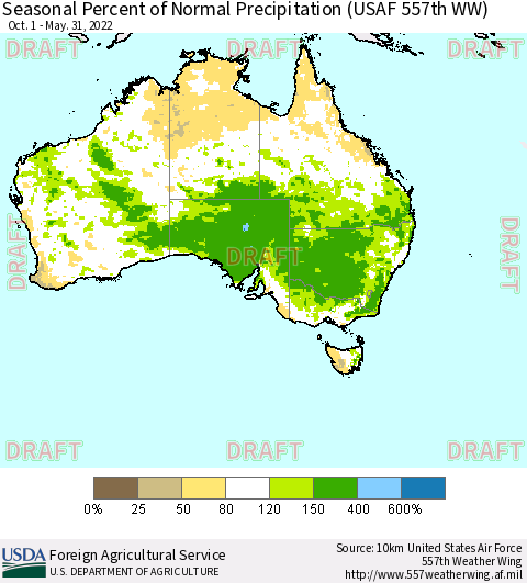 Australia Seasonal Percent of Normal Precipitation (USAF 557th WW) Thematic Map For 10/1/2021 - 5/31/2022