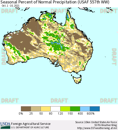 Australia Seasonal Percent of Normal Precipitation (USAF 557th WW) Thematic Map For 10/1/2021 - 10/10/2021
