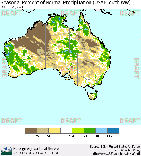 Australia Seasonal Percent of Normal Precipitation (USAF 557th WW) Thematic Map For 10/1/2021 - 10/20/2021