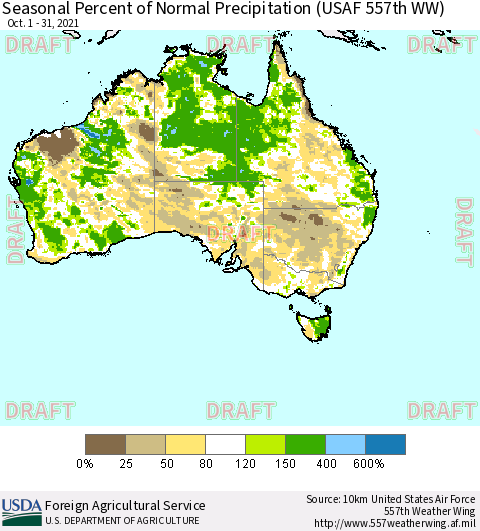 Australia Seasonal Percent of Normal Precipitation (USAF 557th WW) Thematic Map For 10/1/2021 - 10/31/2021