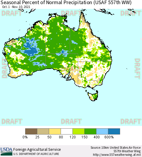 Australia Seasonal Percent of Normal Precipitation (USAF 557th WW) Thematic Map For 10/1/2021 - 11/10/2021