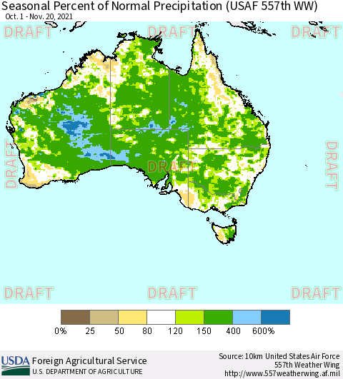 Australia Seasonal Percent of Normal Precipitation (USAF 557th WW) Thematic Map For 10/1/2021 - 11/20/2021